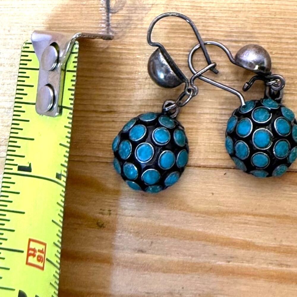 Taxco Mexico TC-155 925 Sterling Silver Turquoise Inlay Dangle Earrings - Picture 3 of 4